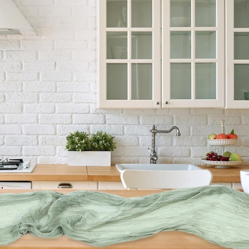 Sage Green Cheesecloth Table Runner Pleated Farmhouse Wedding Party Dining Decor - Image 4
